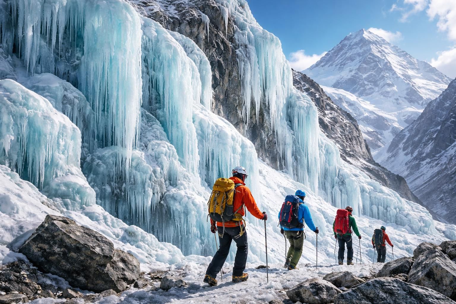 partez à l'aventure avec notre randonnée autour de la spectaculaire cascade de glace sur l'everest et réalisez un rêve d'exploration inoubliable au cœur de l'himalaya.