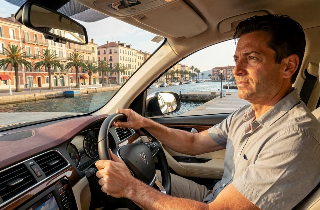 Arrivée en voiture à Ajaccio après le trajet depuis Propriano avec vue sur le port et les façades colorées
