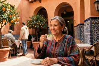 Femme marocaine en djellaba colorée savourant un thé à la menthe en terrasse à Marrakech en février