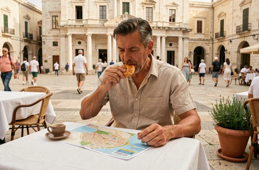Touriste savourant un pastizzi et un café en terrasse sur la place Saint-Georges au cœur de La Valette