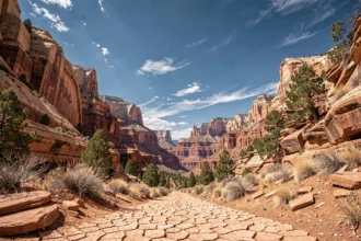 Paysage de canyon aux roches rouges et orangées dans le Sud-Ouest américain sous un ciel bleu profond