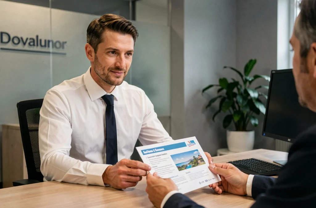 Conseiller en assurance présentant les garanties d'une assurance voyage à un client