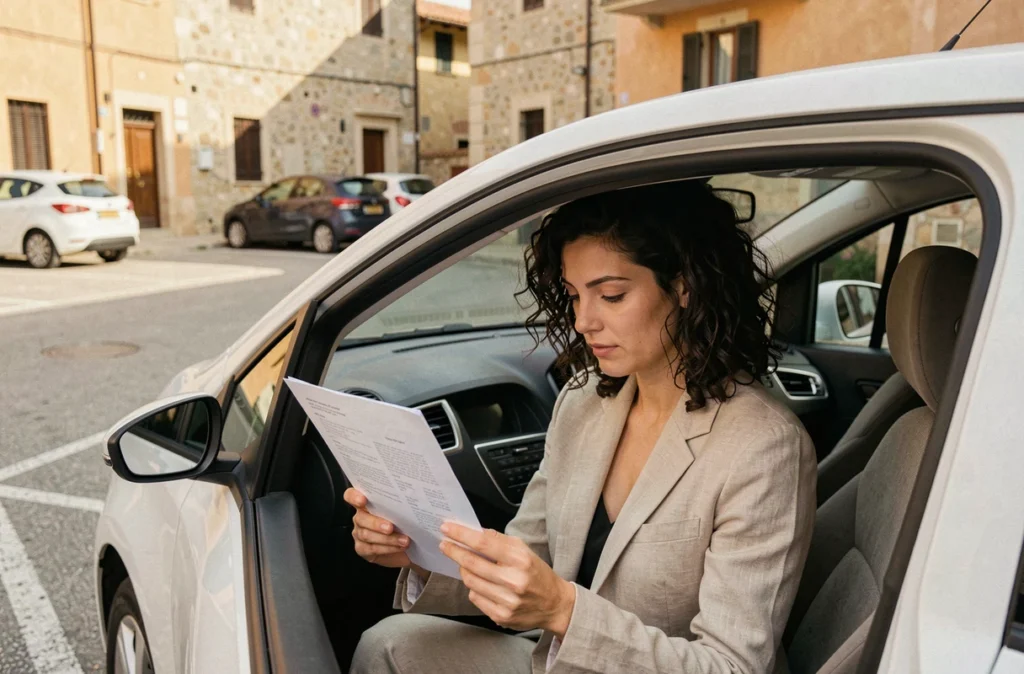 Une femme lit attentivement un contrat de location de voiture assise dans un véhicule garé dans une ville européenne