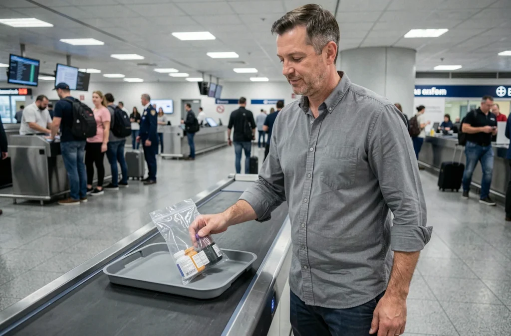 Voyageur présentant ses médicaments dans un sac transparent au contrôle de sécurité de l'aéroport