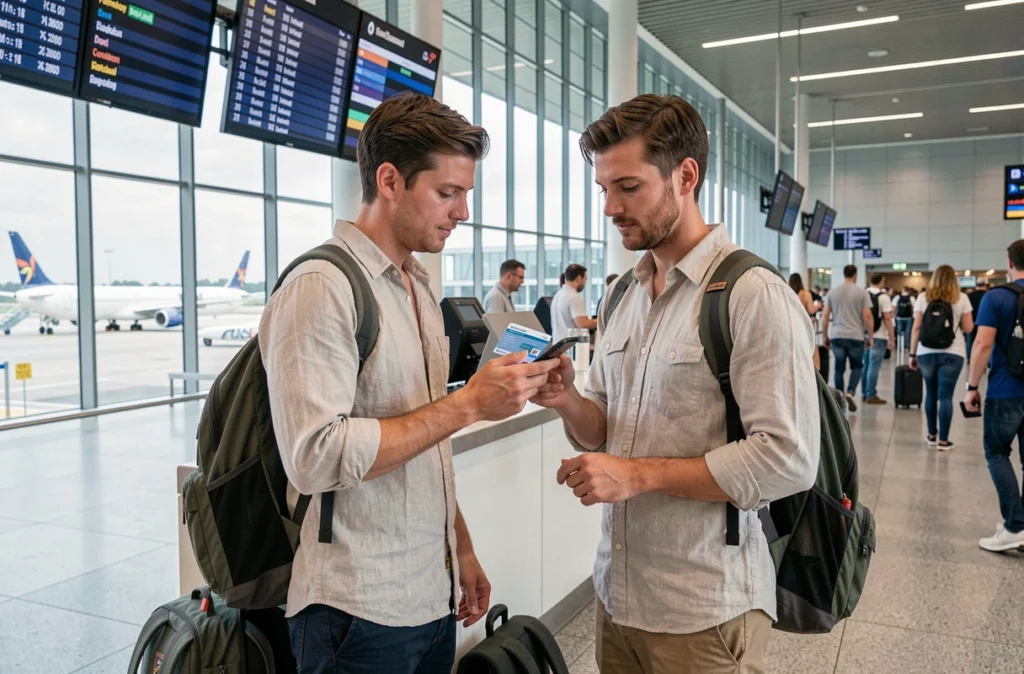 Couple consultant une assurance voyage sur smartphone dans un aéroport international