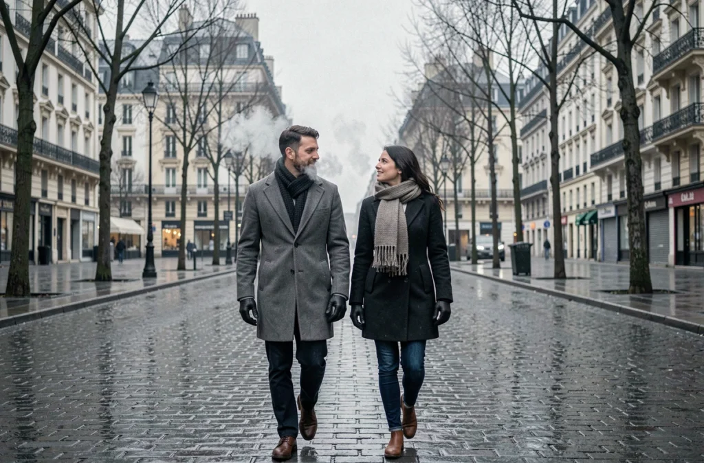 Couple français en manteau d'hiver marchant sous un ciel gris dans les rues de Paris en février