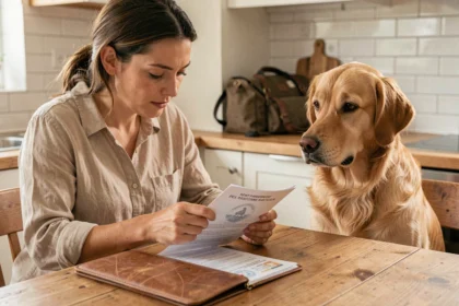 Femme consultant un passeport pour animal de compagnie et un carnet de vaccination avant un voyage avec son golden retriever
