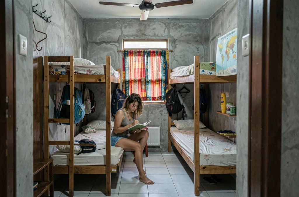 Chambre en dortoir d'un hostel économique à Kuta Lombok avec sac à dos de voyageur
