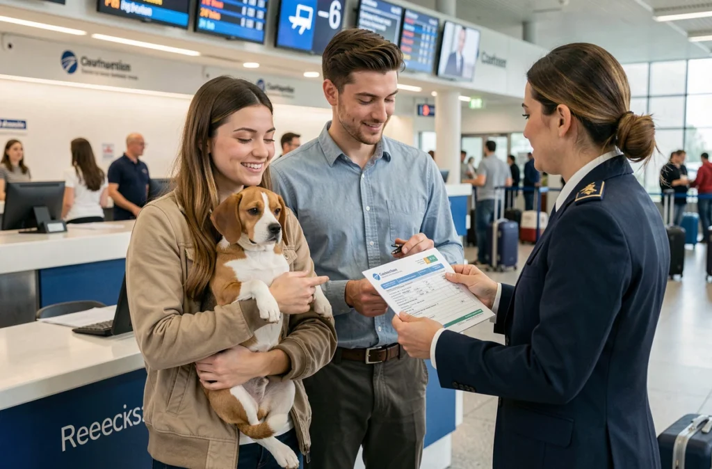 Couple présentant les documents officiels pour voyager avec leur beagle à un comptoir d'enregistrement d'aéroport