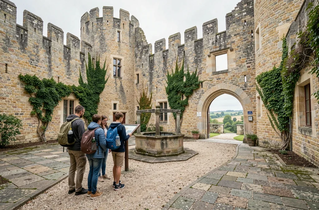 Famille visitant la cour intérieure d'un château fort historique en France avec des panneaux d'information touristique