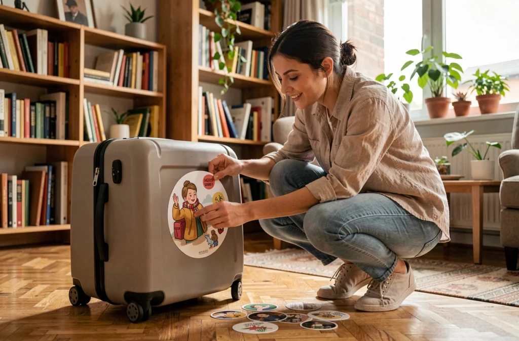 Jeune femme appliquant un autocollant coloré sur sa valise de voyage dans un appartement cosy avant un road trip