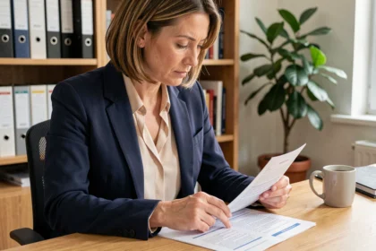 Femme examinant un contrat d'assurance voyage à son bureau à domicile
