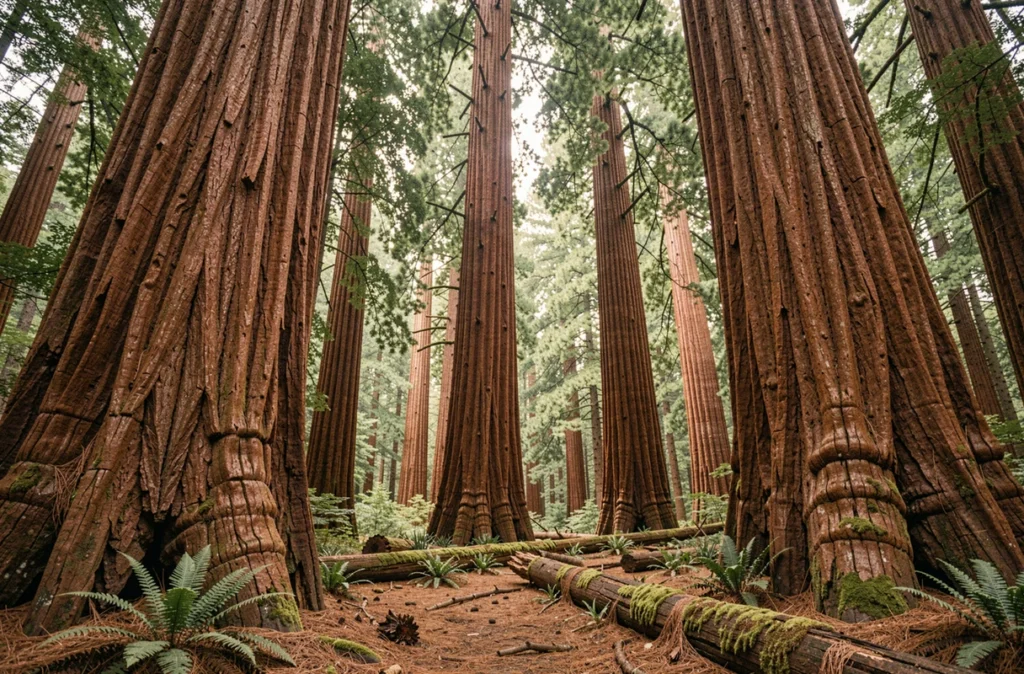 Forêt de séquoias géants en Californie avec troncs massifs à l'écorce rouge et sol tapissé de fougères