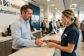 Un homme remet son passeport et son permis de conduire au comptoir d'une agence de location de voiture dans un aéroport international