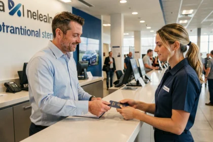 Un homme remet son passeport et son permis de conduire au comptoir d'une agence de location de voiture dans un aéroport international