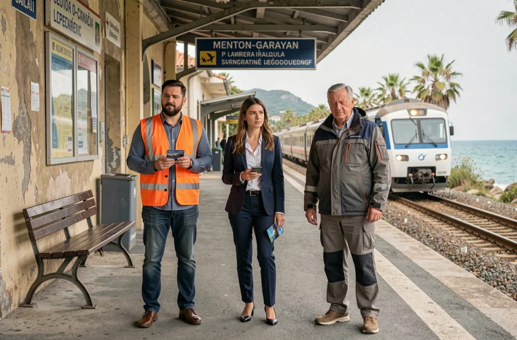 Groupe de travailleurs frontaliers attendant leur train à la gare de Menton-Garavan, proche de la frontière franco-italienne