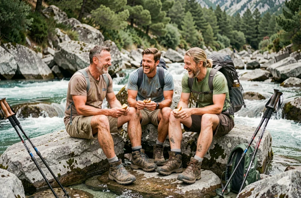 Groupe de randonneurs en pause déjeuner au bord d'un ruisseau de montagne sur le GR20, atmosphère détendue et conviviale