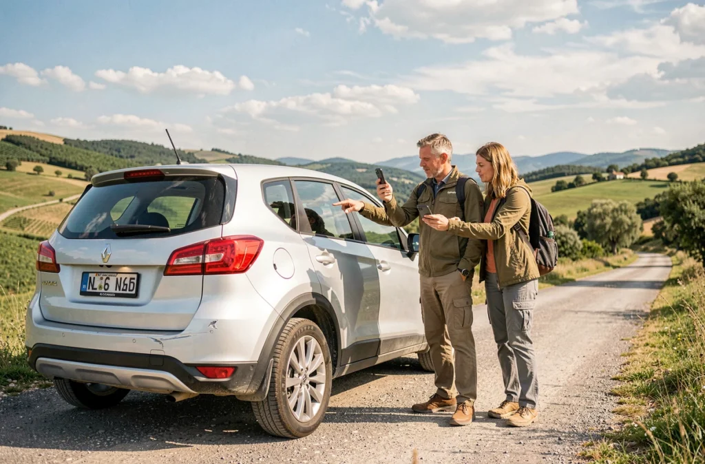 Un couple inspecte et photographie les éraflures d'une voiture de location avant le départ à l'étranger