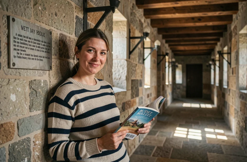 Visiteuse lisant un guide touristique à l'intérieur du donjon d'un château fort en France lors d'une visite économique