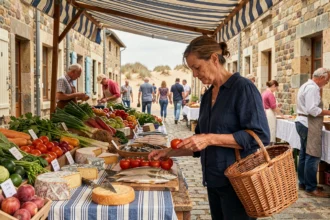Marché de bord de mer à Fort Mahon avec étals de produits frais et artisanat local
