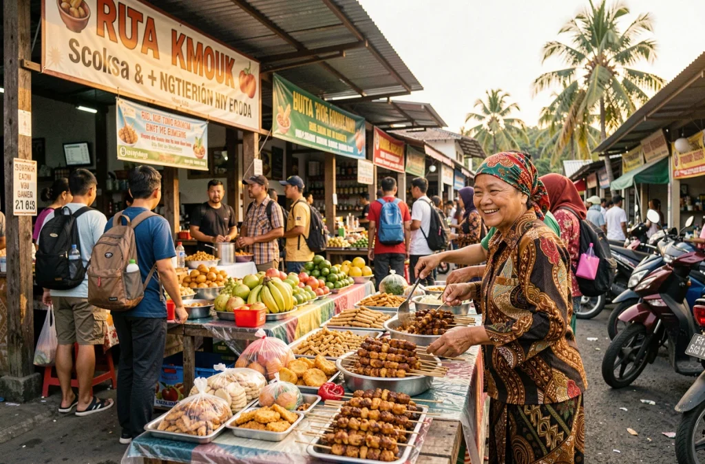 Vendeuse de rue au marché local de Kuta Lombok proposant des spécialités indonésiennes à prix modique