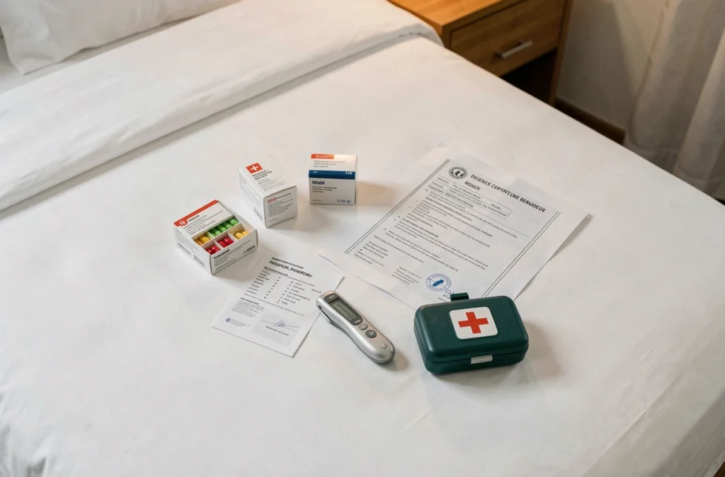 Vue aérienne des médicaments et documents médicaux organisés pour un voyage, posés sur un lit d'hôtel