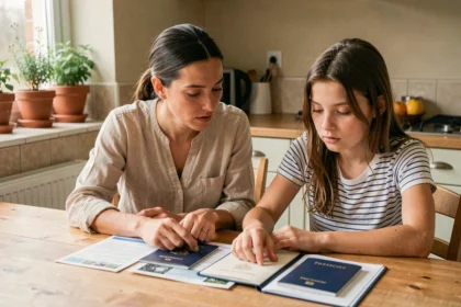 Mère et fille adolescente consultant des passeports et documents administratifs pour un voyage en famille