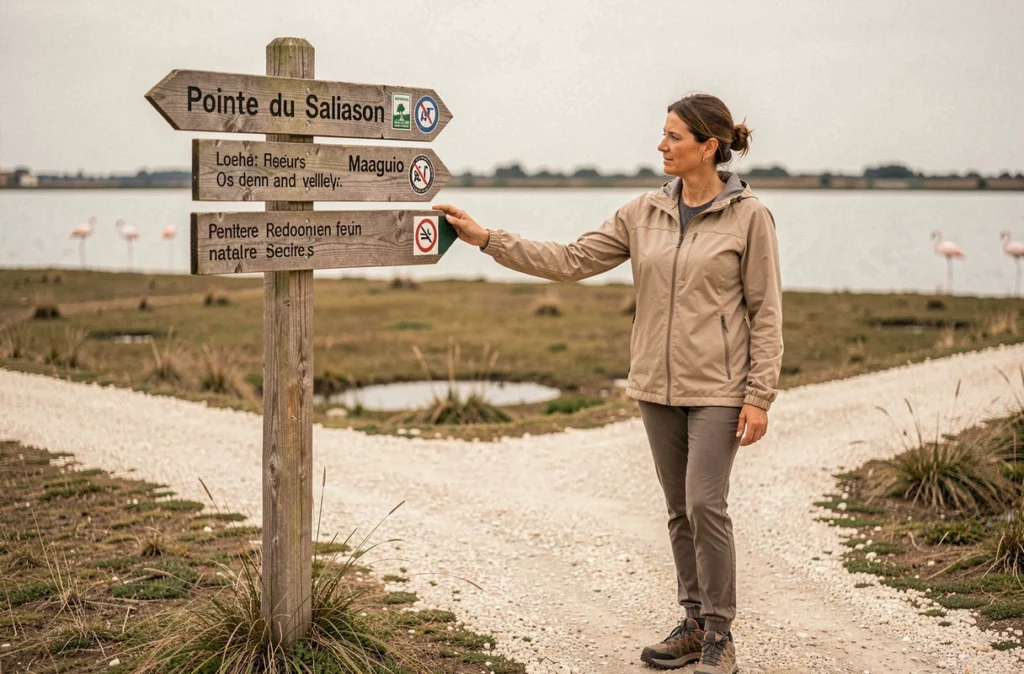 Panneau de signalisation des sentiers à la Pointe du Salaison près de Mauguio avec randonneuse lisant les indications