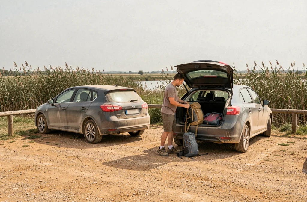 Parking d'accès à la Pointe du Salaison à Mauguio avec famille se préparant pour une randonnée