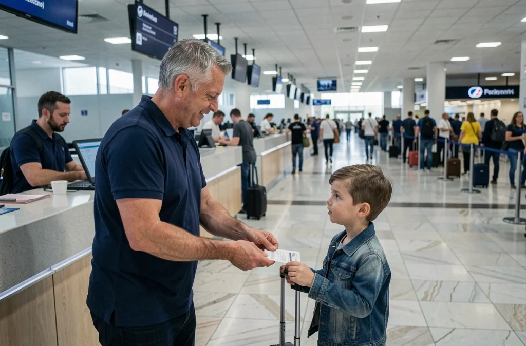 Père présentant les documents de voyage d'un enfant mineur au comptoir d'enregistrement d'un aéroport