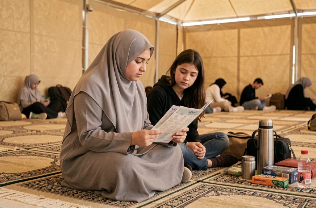 Mère et adolescente planifiant leur programme de Hajj sur un tapis de prière dans une tente de Mina