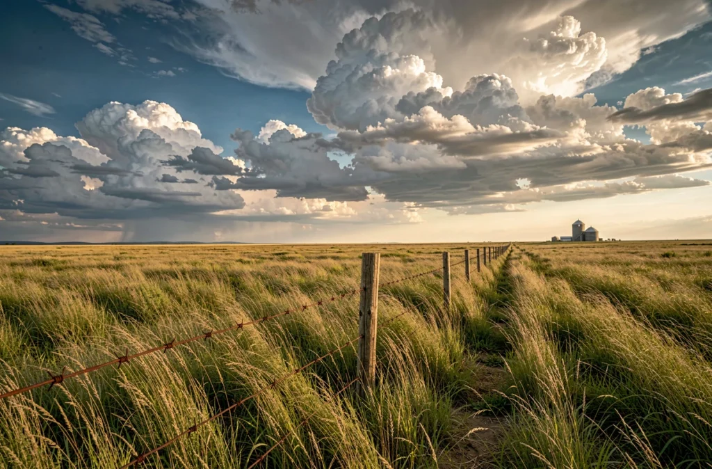Paysage de prairie américaine avec herbes hautes et ciel nuageux dramatique dans les Grandes Plaines