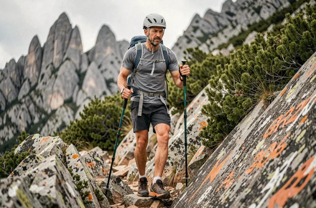 Randonneur expérimenté descendant prudemment une pente rocheuse balisée du GR20, illustrant la maîtrise technique accessible au marcheur préparé