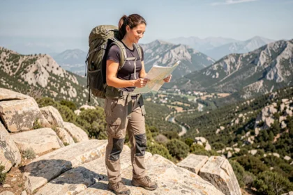 Randonneuse souriante et détendue sur une crête granitique du GR20 en Corse, consultant une carte avec un paysage montagneux en arrière-plan