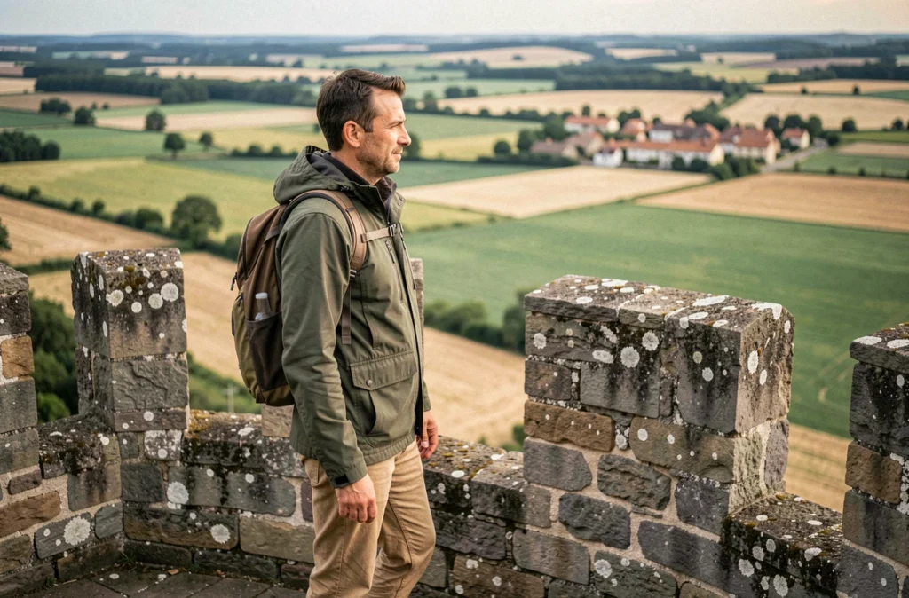 Touriste admirant le panorama depuis les remparts d'un château fort français avec vue sur la campagne environnante