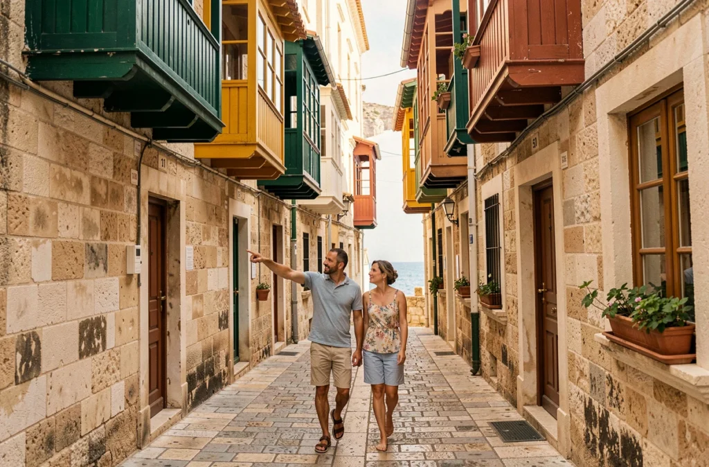 Couple se promenant dans les rues pittoresques de La Valette avec les célèbres balcons en bois colorés maltais