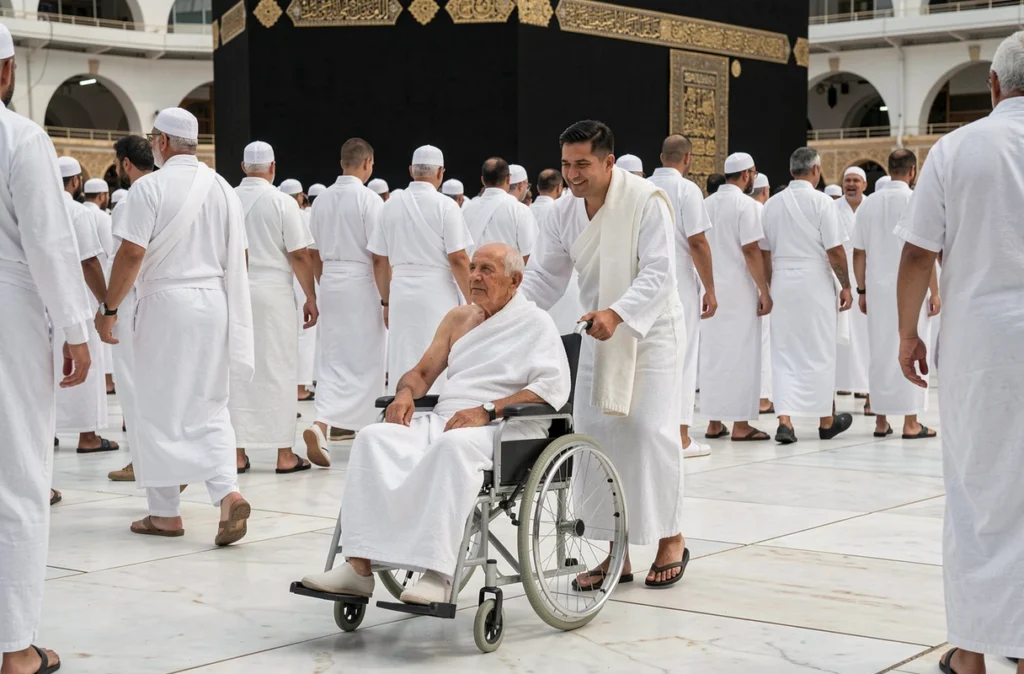 Senior en fauteuil roulant accompagné de son fils lors du Tawaf autour de la Kaaba pendant le Hajj