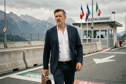 Un travailleur frontalier traversant le poste de douane franco-italien avec sa mallette, les drapeaux français et italien visibles en arrière-plan dans un cadre alpin