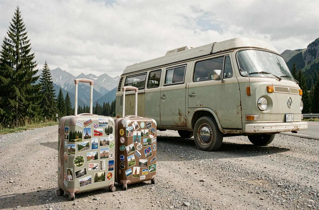 Deux valises décorées d'autocollants de voyage posées devant un camping-car sur une route de montagne lors d'un road trip