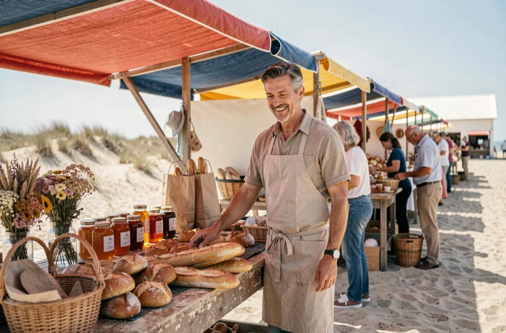 Vendeur de pain et produits régionaux au marché de Quend-Plage en Somme