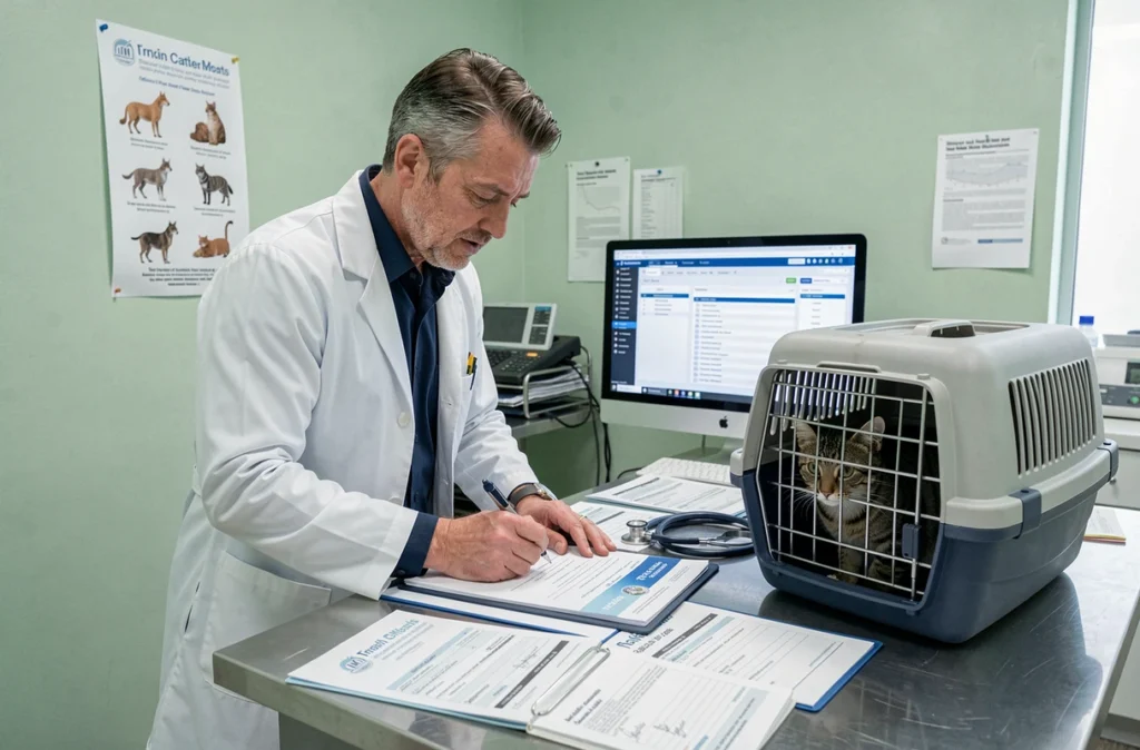 Vétérinaire signant un certificat sanitaire de voyage pour un chat dans une clinique vétérinaire