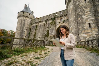 Jeune femme consultant une carte devant l'entrée d'un château fort médiéval en France lors d'une visite à petit budget