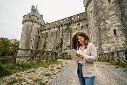 Jeune femme consultant une carte devant l'entrée d'un château fort médiéval en France lors d'une visite à petit budget