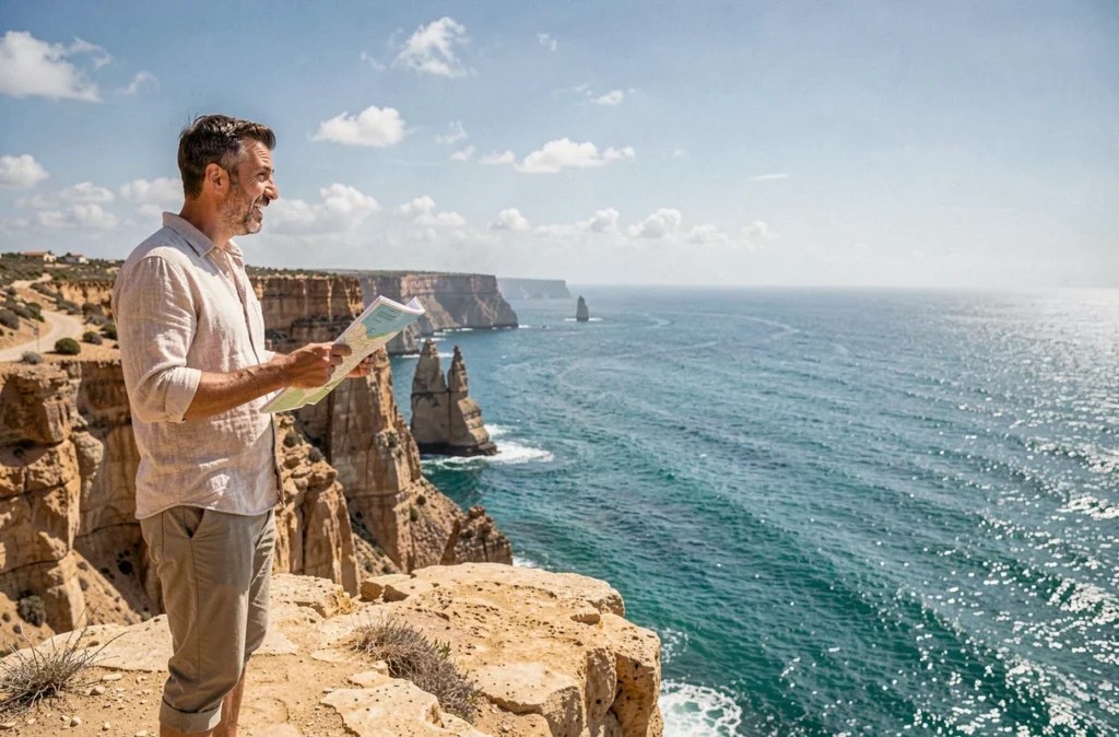 Voyageur européen en chemise légère admirant la côte atlantique d'Agadir au Maroc en février