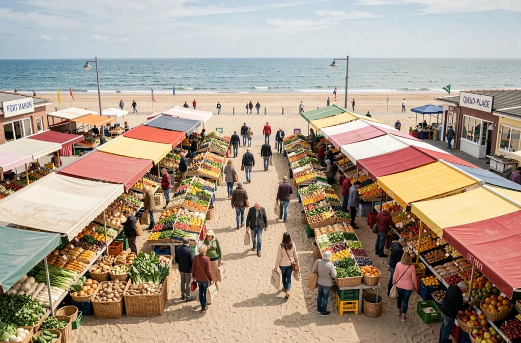 Vue aérienne des marchés de Fort Mahon et Quend-Plage avec étals et visiteurs en bord de mer