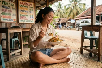 Voyageuse mangeant un nasi goreng dans un warung local de Kuta Lombok à petit budget
