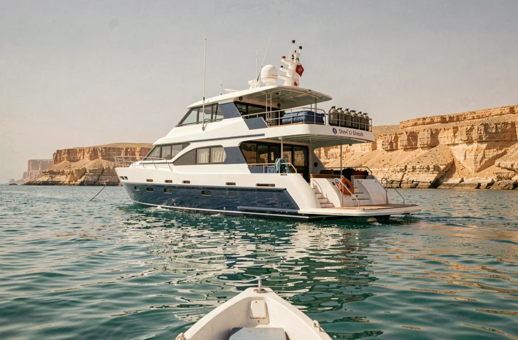 Bateau de croisière plongée liveaboard ancré dans les eaux turquoise près de Charm el-Cheikh en Égypte