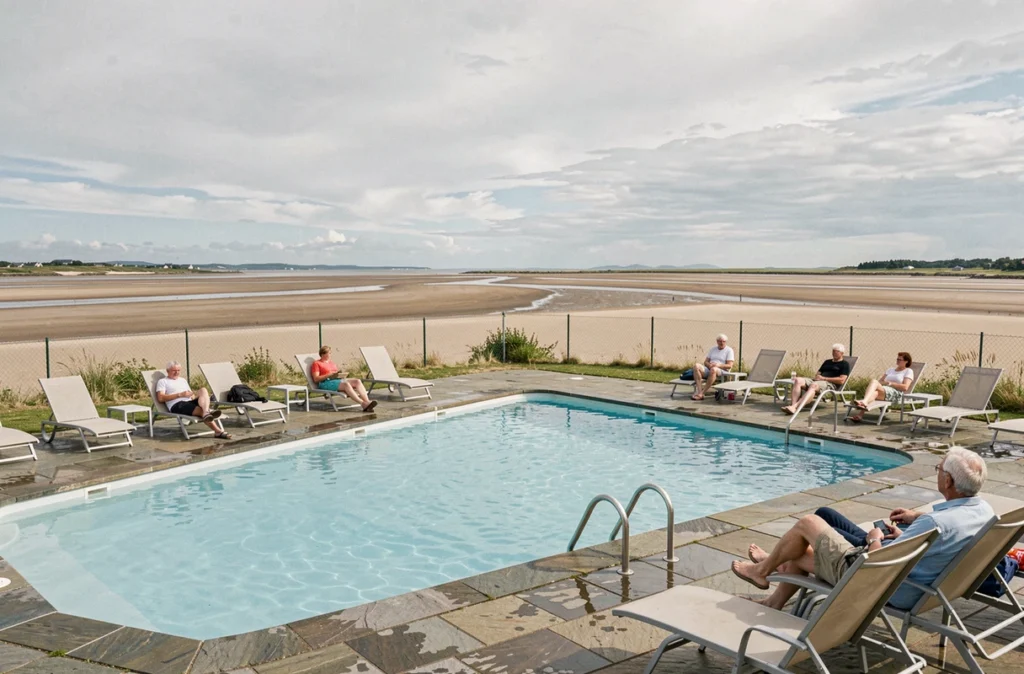 Piscine du camping de la Baie du Kernic à Plouescat avec les vasières de la baie en arrière-plan