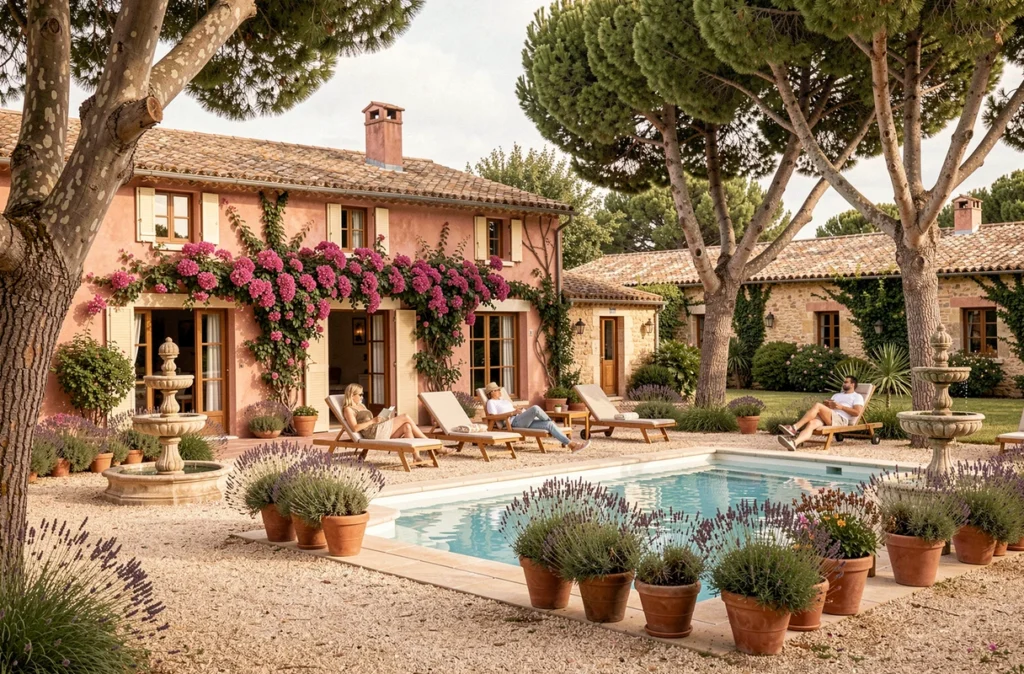 Camping Le Castel Rose dans le Gard avec bâtiment provençal en rose, piscine et jardin en lavande