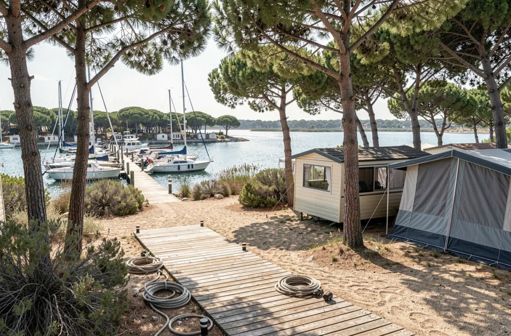 Camping La Marine dans le Gard avec port de plaisance, bateaux amarrés et vue sur la lagune méditerranéenne